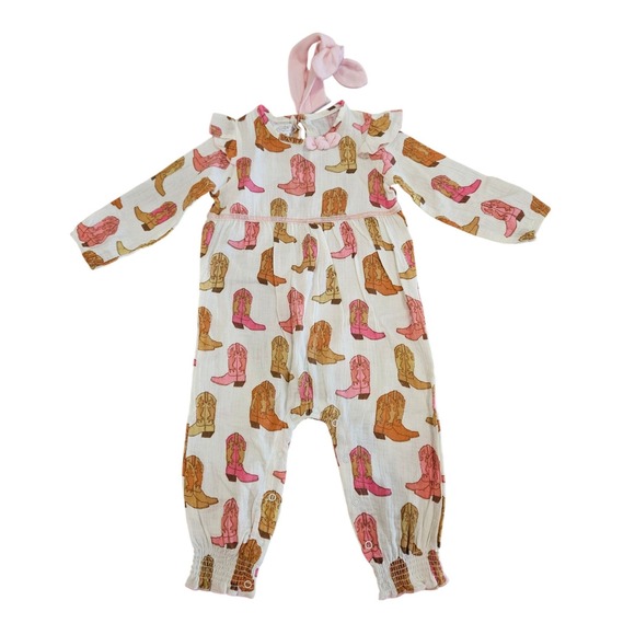 Mud Pie Cowboy Boot Romper Kids 12-18M Pink Cream NEW Muslin One-Piece Headband - Picture 2 of 6